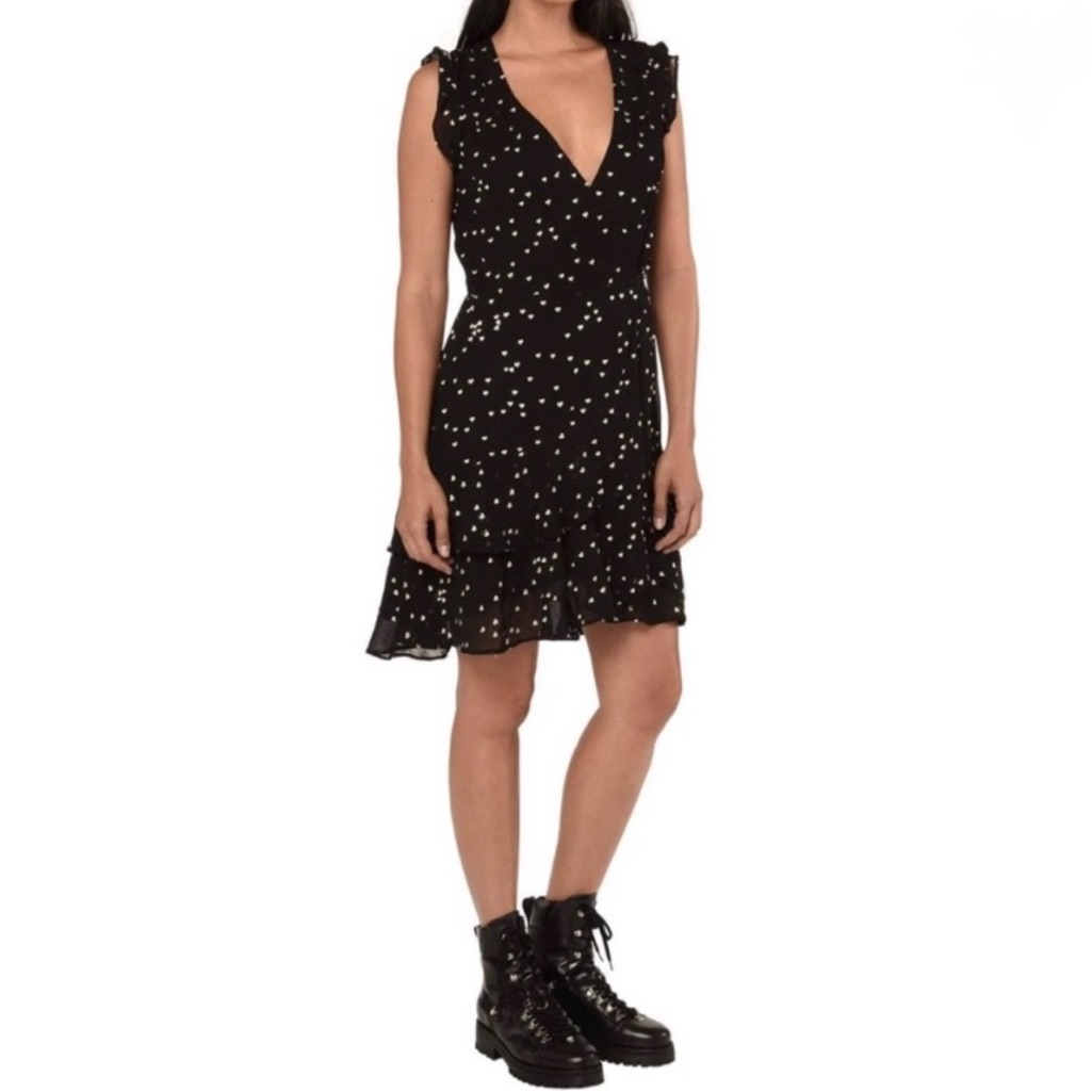 Allsaints Black Heart Print Chiffon Wrap Dress Ruffle Hem Tie Waist Xs Euc